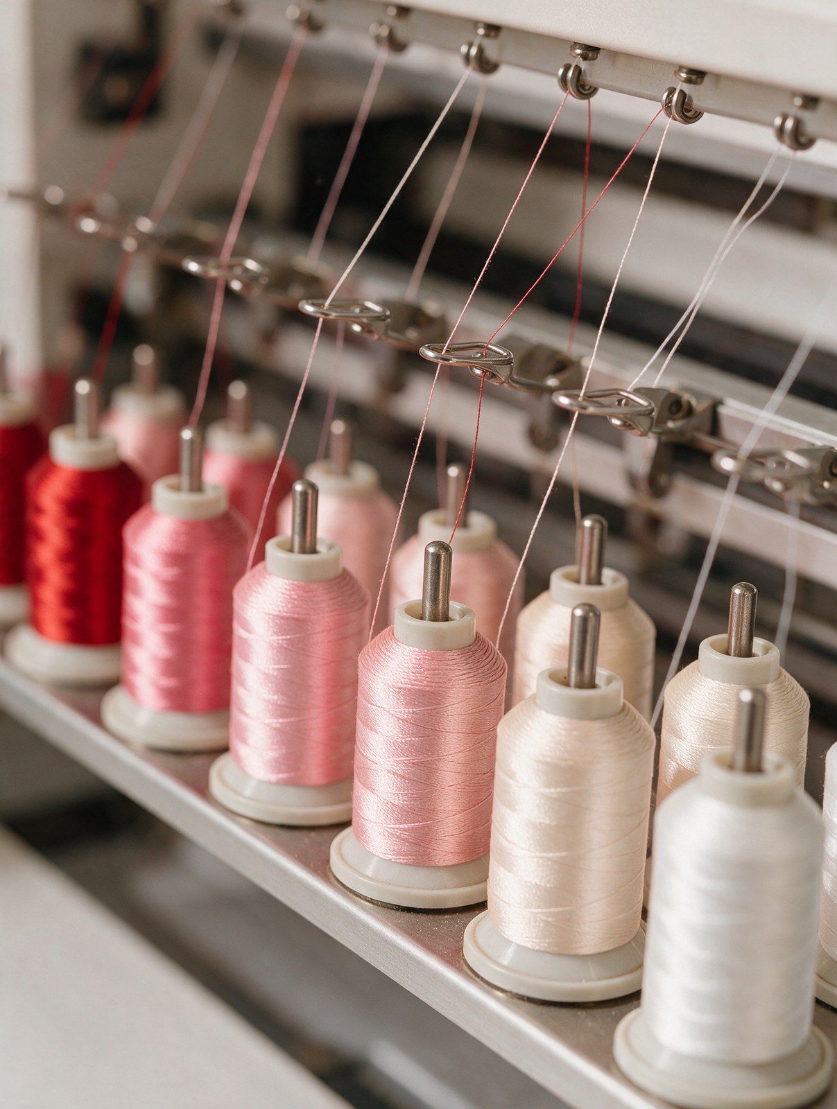 Nakış makinesinde kırmızı, pembe ve krem tonlarında iplik makaraları